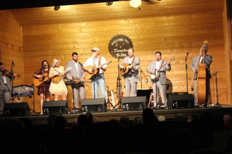 Band playing at the dumplin valley bluegrass festival.